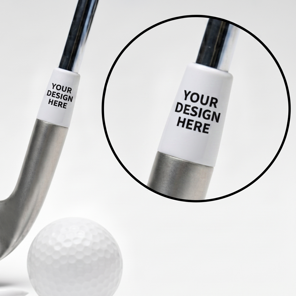 A silver golf club head with a white ferrule label reading 'YOUR DESIGN HERE' beside a white golf ball and tees, on a clean white background. A circular inset shows a close-up of the customizable ferrule area.