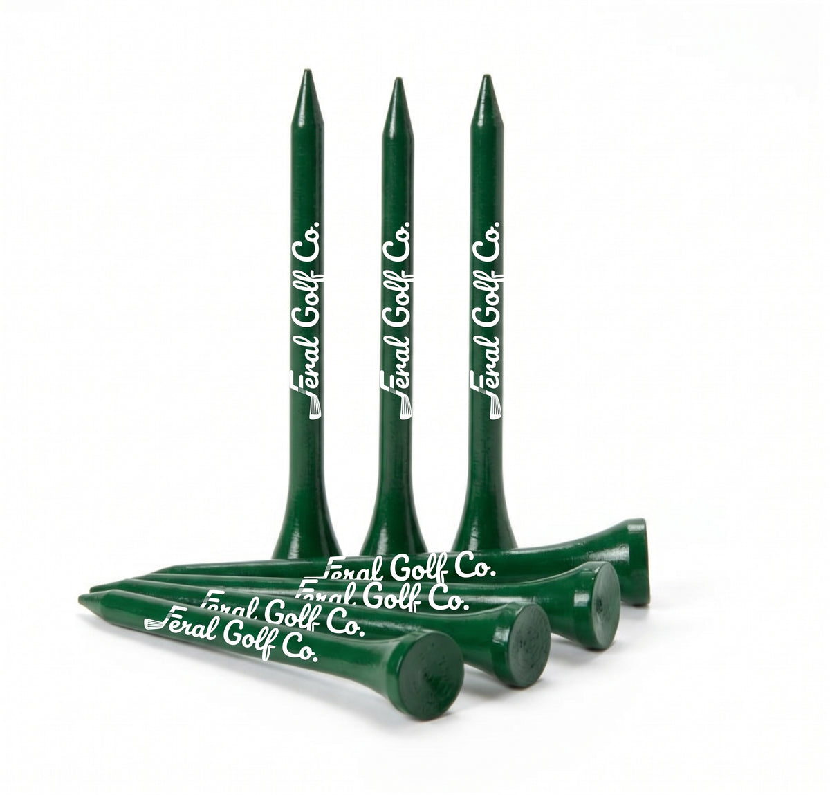 Feral Golf Co. green wooden golf tees with white logo