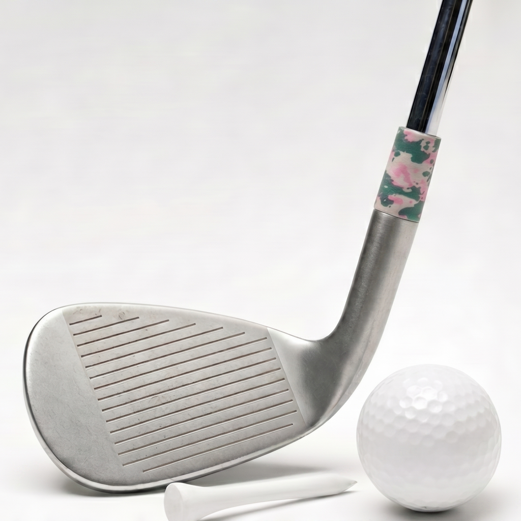A silver golf club head with a black shaft and a pink and green camouflage ferrule, shown alongside a white golf ball, tees, and a circular inset close-up of the camo ferrule detail.
