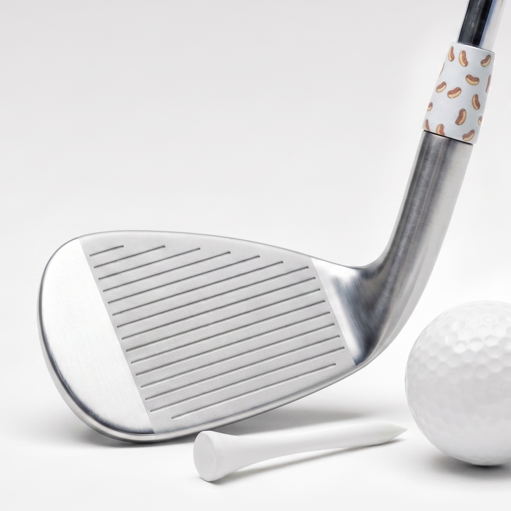 A golf club head with a white ferrule featuring a hot dog pattern, shown alongside a white golf ball, tee, and circular close-up inset of the ferrule detail on a clean white background.
