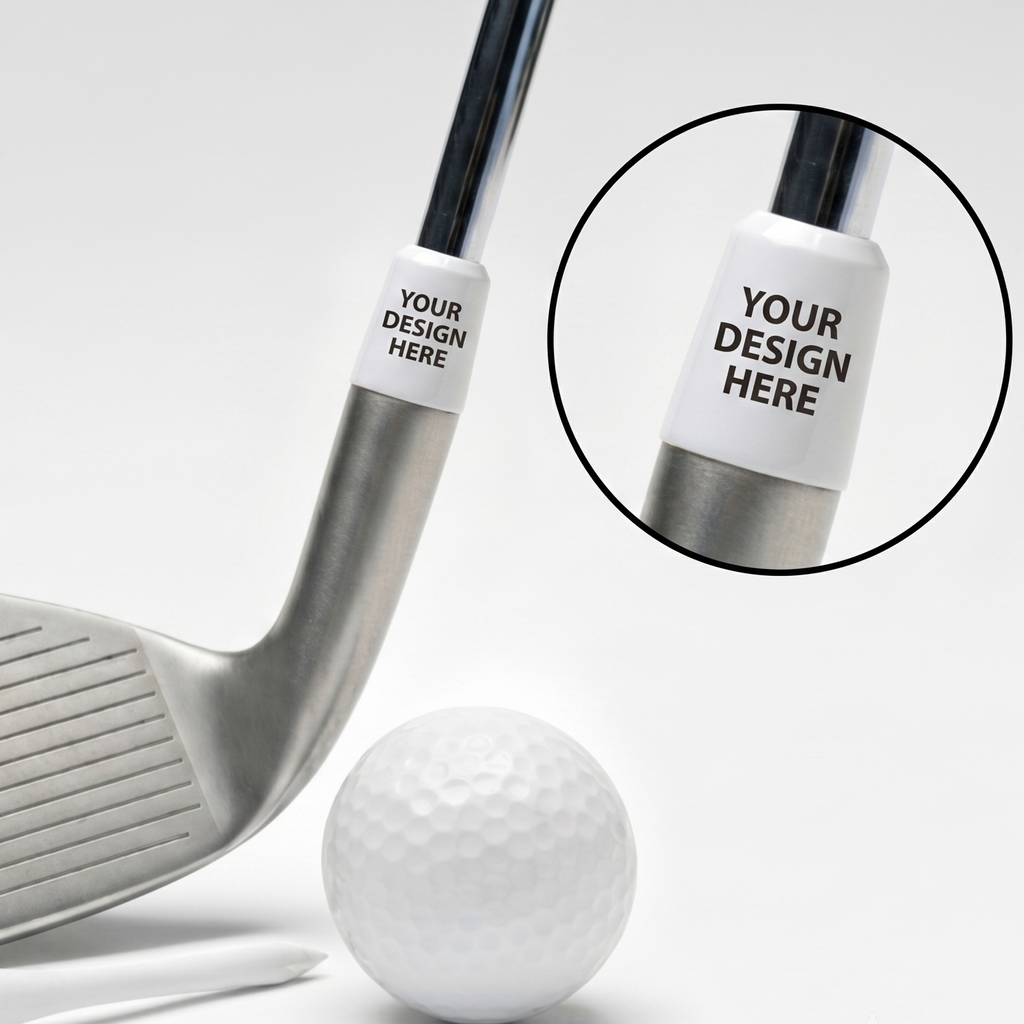 A silver golf club shown on a white background with a white golf ball, tees, and a circular inset highlighting a customizable white ferrule with the text 'YOUR DESIGN HERE'.