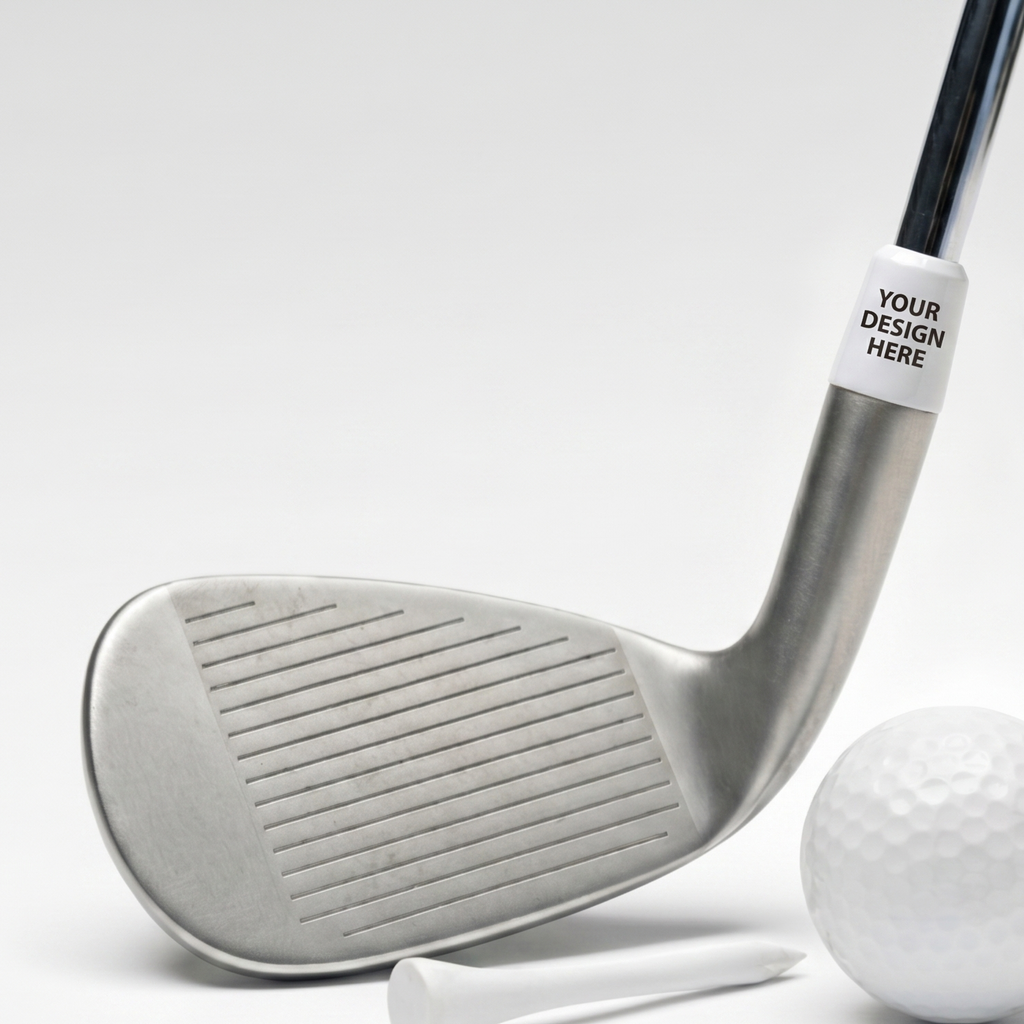 A silver golf club shown on a white background with a white golf ball, tees, and a circular inset highlighting a customizable white ferrule area with the text 'YOUR DESIGN HERE'.