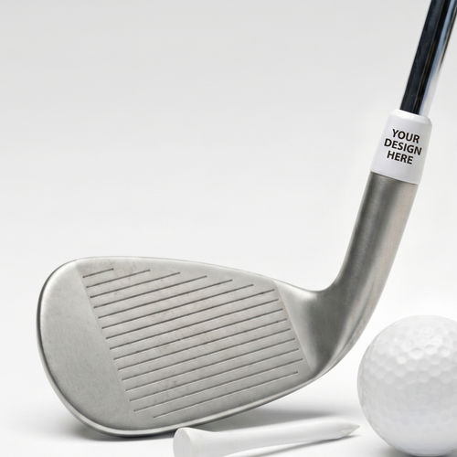 A silver golf club shown on a white background with a white golf ball, tees, and a circular inset highlighting a customizable white ferrule area with the text 'YOUR DESIGN HERE'.