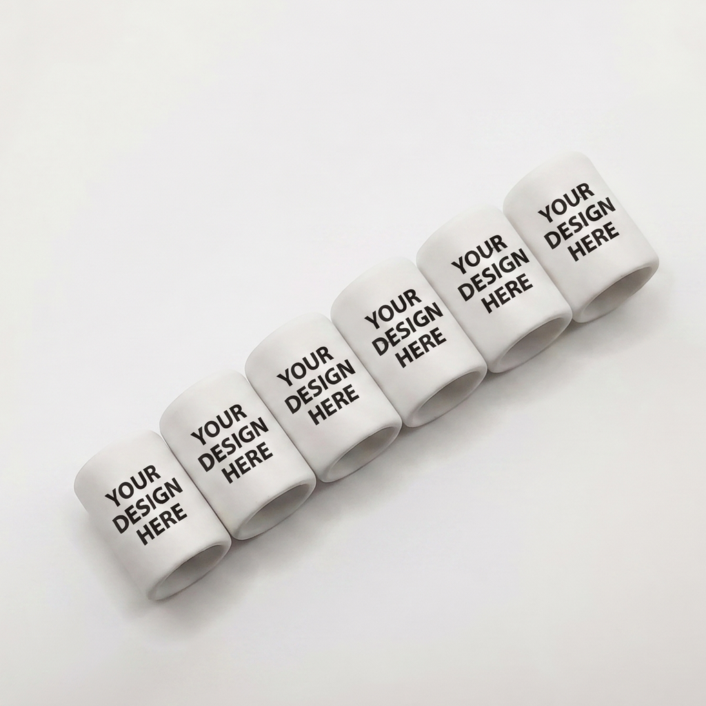Five white cylindrical ring-shaped ferrules with black placeholder text reading 'YOUR DESIGN HERE', arranged diagonally on a clean white background.